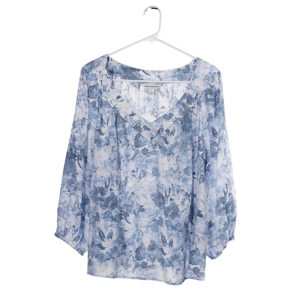 COUNTERPARTS Top XL Blue Floral V-Neck 3/4 Balloon Sleeve Casual Peasant Flowy